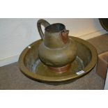 Copper and brass wash basin and jug