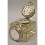 Unusual Asprey silver mounted cut glass inkwell / desk clock / barometer,