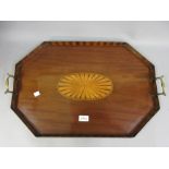 19th Century mahogany and shell inlaid irregular octagonal tray with gallery and brass handles,