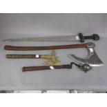 Reproduction Spanish steel and wooden axe, similar smaller axe,