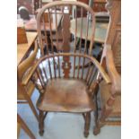 19th Century oak and elm Windsor armchair on turned supports with H-stretcher