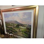 Modern oil on canvas, Irish landscape with figures feeding chickens before cottages and mountains,