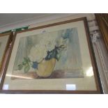 Marion Broom, watercolour, still life vase of white roses, signed, 11.