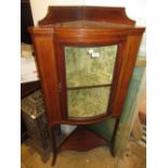 Edwardian mahogany line inlaid semi bow fronted corner cabinet with galleried top,