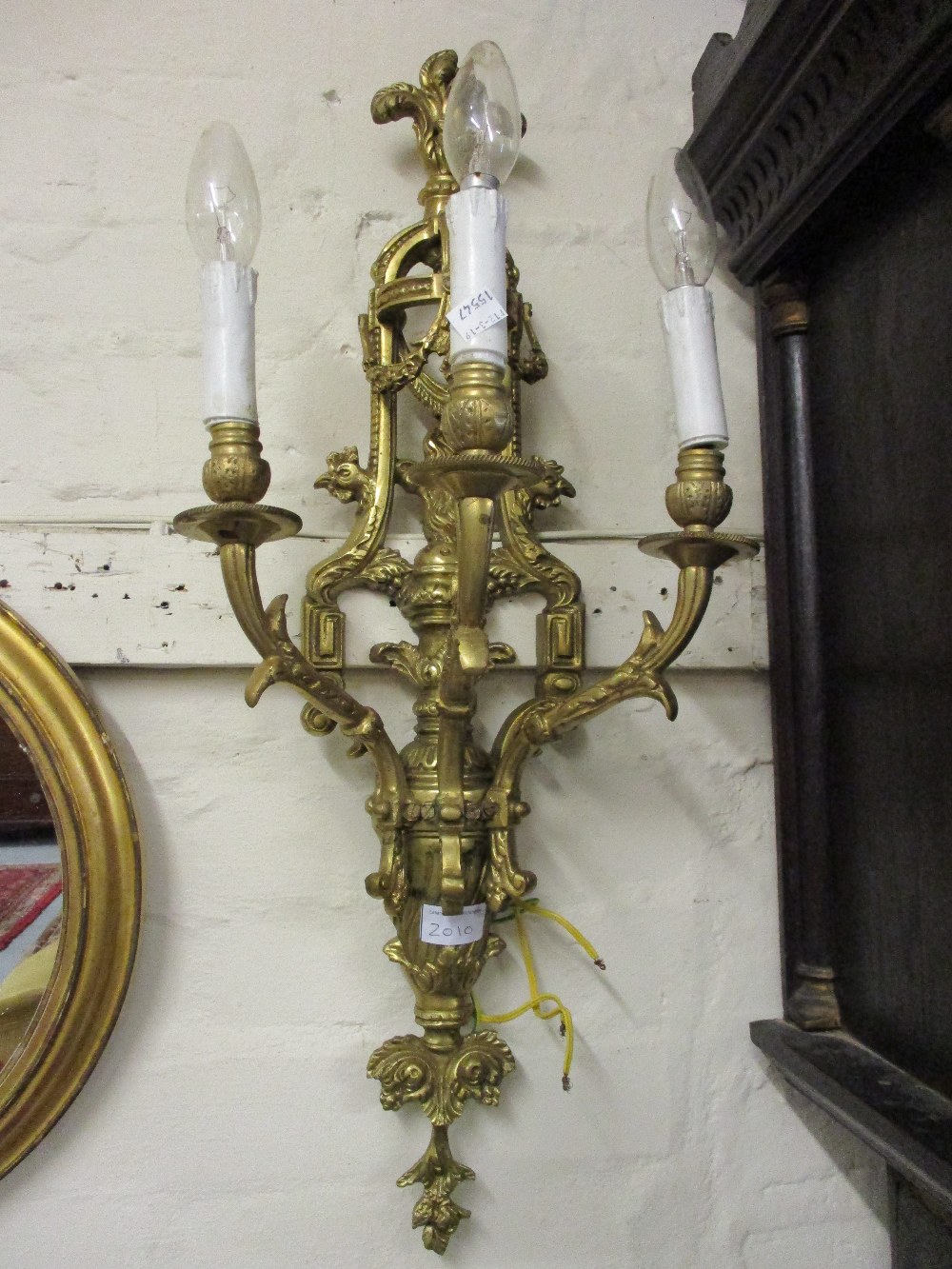 Pair of ornate good quality heavy cast brass three branch wall lights, - Image 2 of 2