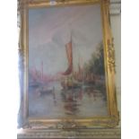 George Horne, oil on board, Continental harbour scene with moored sailing boat, 36ins x 24ins,