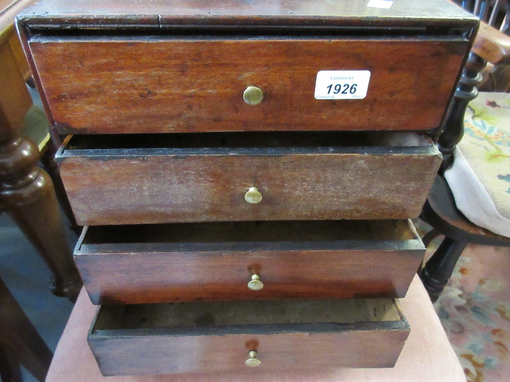 19th Century mahogany table top chest of four drawers with brass knob handles, - Image 2 of 2