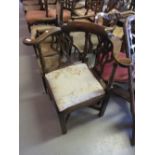 George III mahogany corner chair having pierced splat and turned back supports,