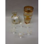 1920's Glass liqueur set together with an etched amber glass vase