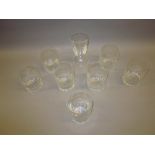 Set of seven glass whisky tumblers etched with hares,