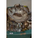 Box containing a large quantity of various silver plated items including entree dishes,