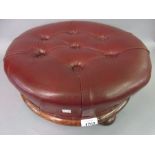 Victorian circular mahogany red buttoned leather upholstered footstool