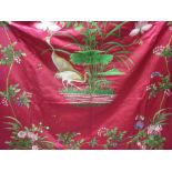 20th Century pink silk wall hanging with all-over floral decoration of a heron in foliage and