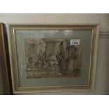 Group of three 19th Century pen and watercolour sketches of various Dickensian style figures,