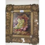 Oliver Clare, oil on canvas, still life of grapes, plums and strawberries on a mossy bank, signed,