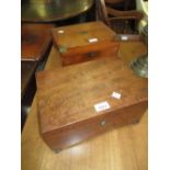 19th Century mahogany work box on bun feet and a 19th Century wire and brass bound fold-over