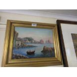 Fabrica Tore, oil on canvas, figures in a rowing boat off the coast, signed, gilt framed,