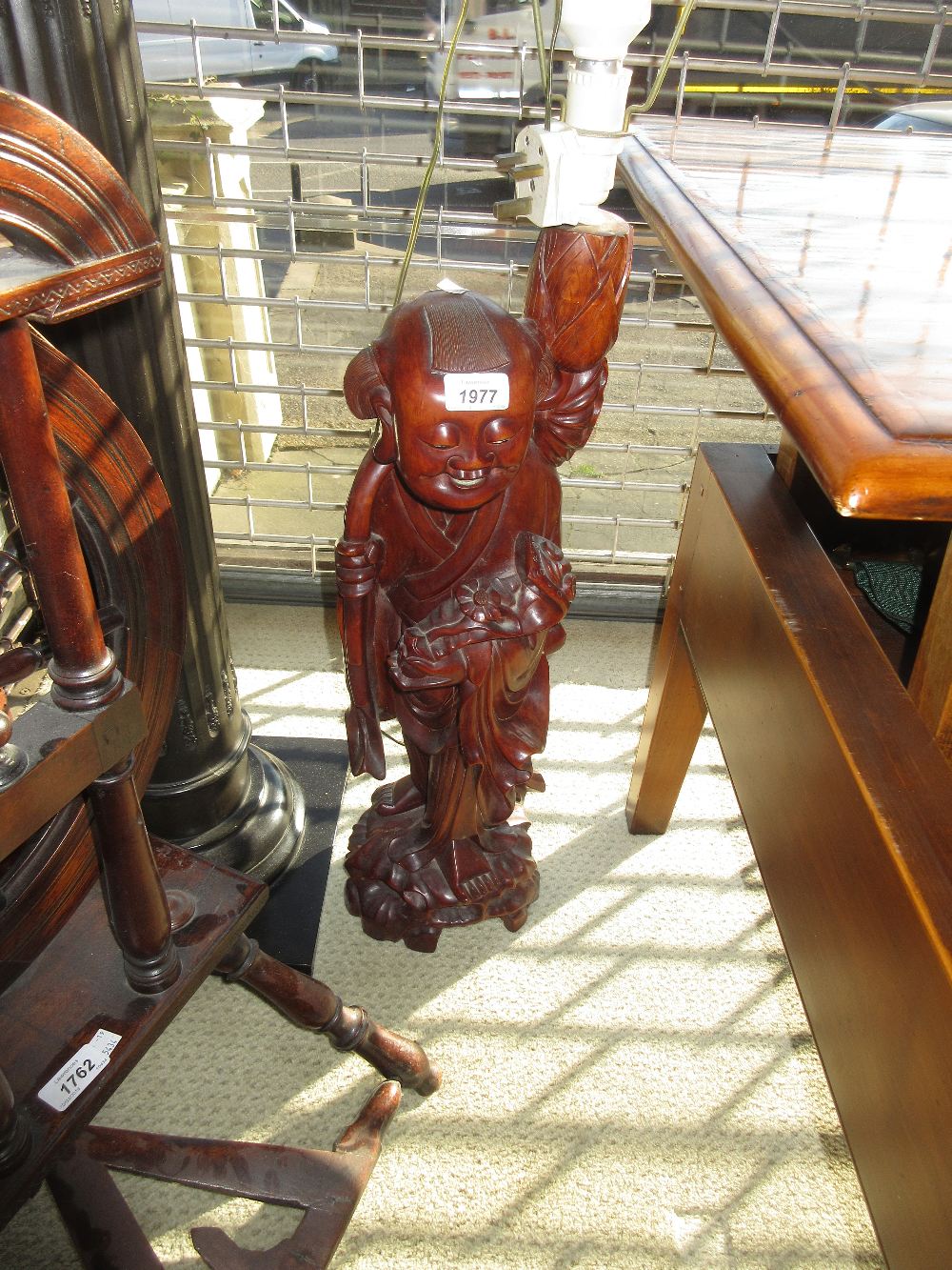 Large mid 20th Century Chinese carved hardwood lamp base in the form of a standing figure,