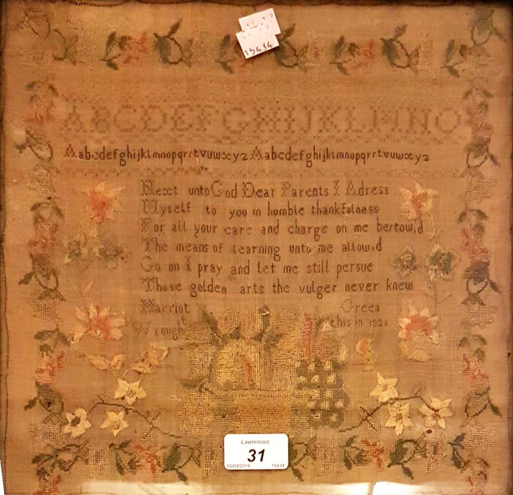 Small 19th Century alphabet and pictorial sampler dated 1826 (with damages), - Image 2 of 2