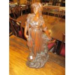 19th Century dark patinated bronzed figure of a woman playing a lute on a naturalistic base,