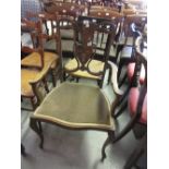 Edwardian mahogany and marquetry inlaid open elbow chair on cabriole front supports
