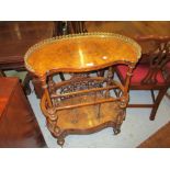 Victorian burr walnut whatnot / Canterbury having boxwood inlaid top with gilt brass gallery,