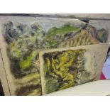 Eve Disher, folio containing seven oil and mixed media Impressionist landscapes,