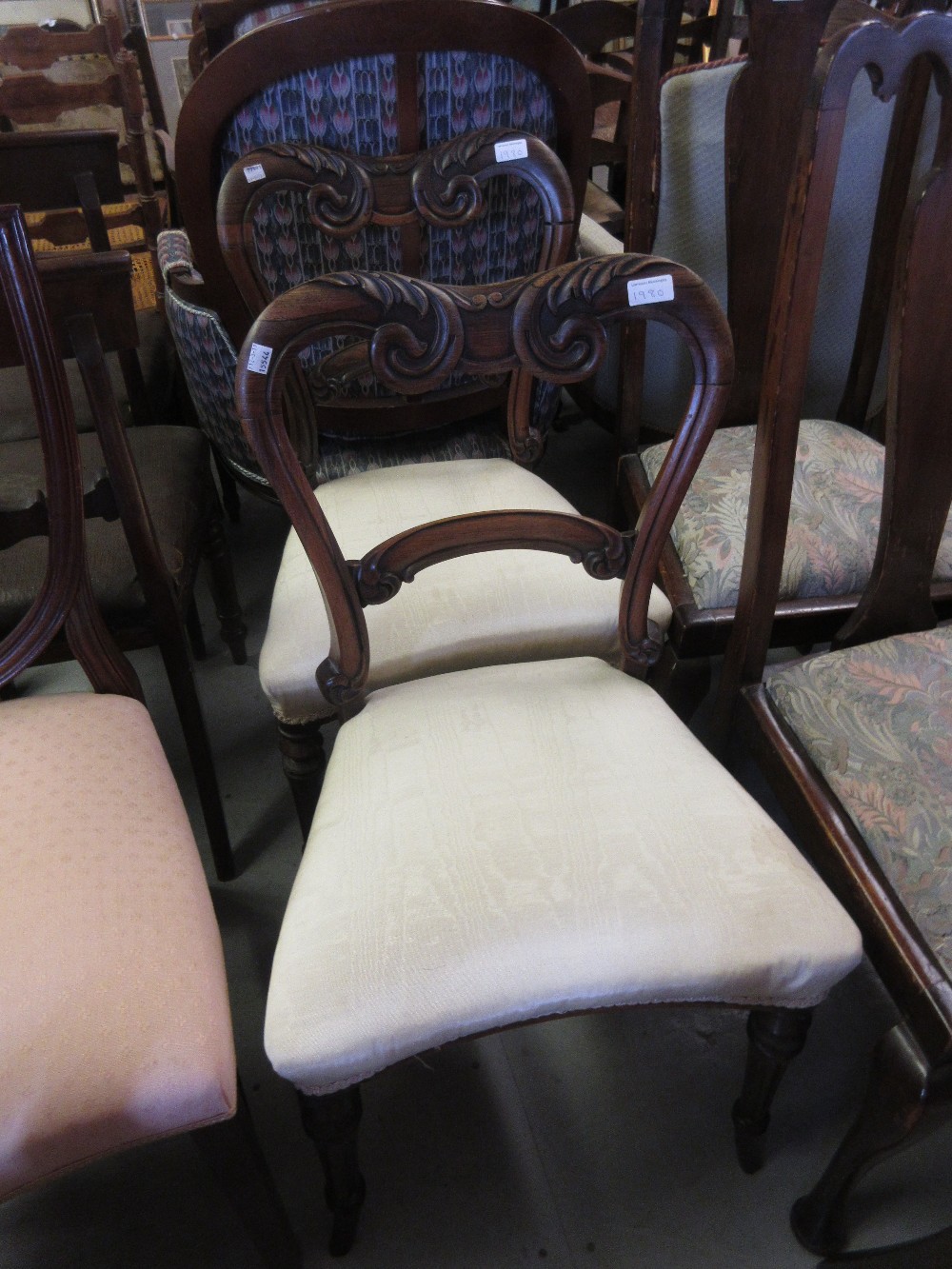 Two pairs of William IV rosewood kidney back dining chairs with overstuffed seats and turned - Image 2 of 2