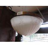 1920's Hanging ceiling light having opaque glass shade with oxidised copper holder