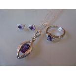 9ct White gold amethyst and diamond set pendant on chain together with a similar ring and pair of