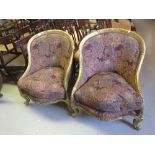 Pair of French armchairs with carved decoration on cabriole front supports,