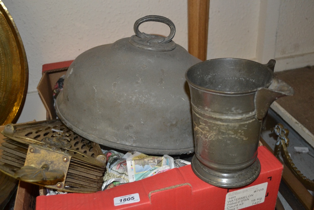 Four antique pewter tankards, set of three pewter meat dish covers and a brass fan shaped spark