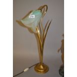 Brass lily form table lamp with a mottled glass shade, the shade indistinctly signed Sankey