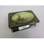 Small 20th Century Russian rectangular papier mache box, the cover painted with a lake scene with