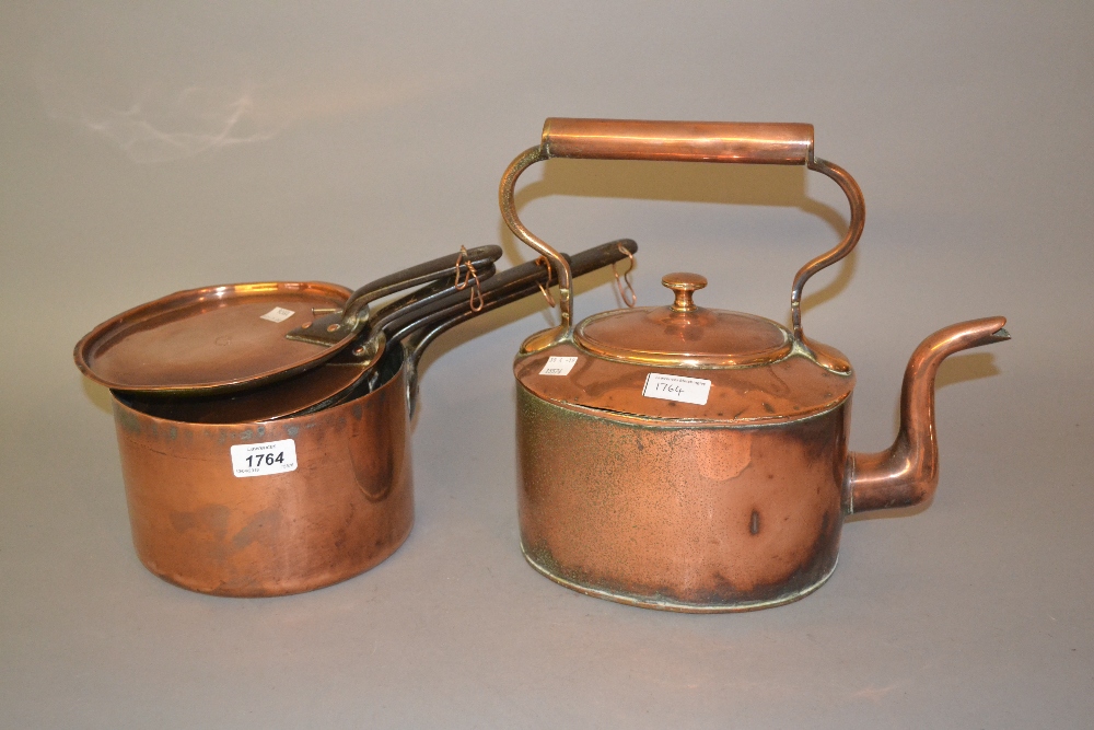 Two 19th Century copper saucepans with lids, together with an oval 19th Century copper kettle