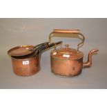 Two 19th Century copper saucepans with lids, together with an oval 19th Century copper kettle