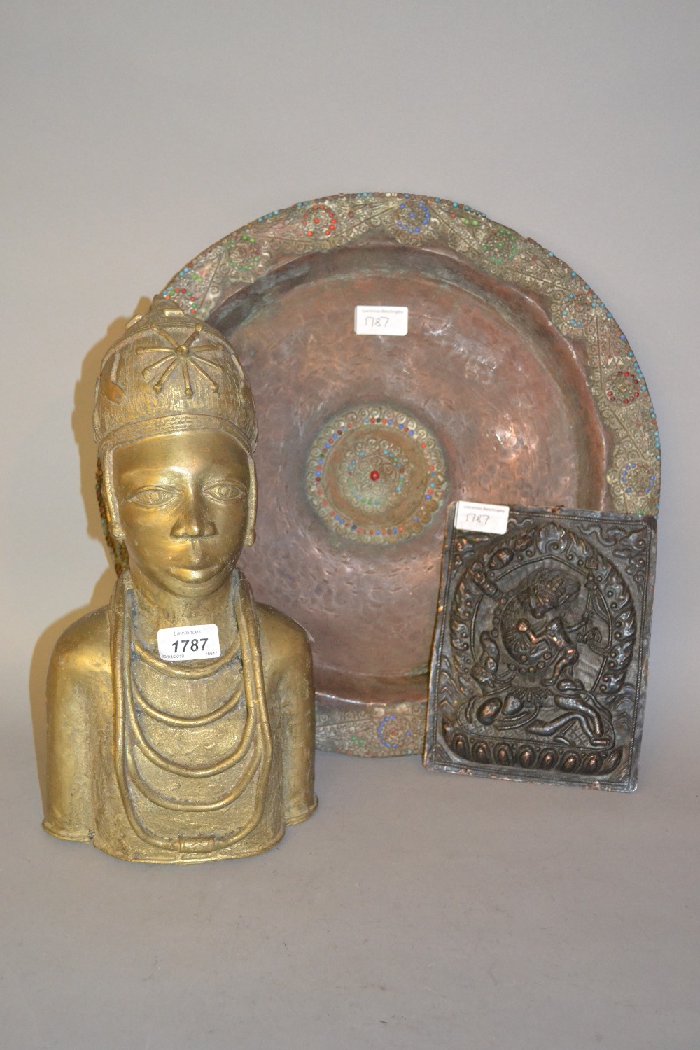 Benin type gilt metal native bust together with a circular Middle Eastern copper tray and a small