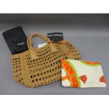 Dolce & Gabbana raffia tote with tan leather mounts having attached printed canvas inner bag, with