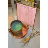 Edwardian brass firescreen, brass fender, copper warming pan, two brass cigarette butt containers,