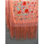 Oriental pink silkwork floral embroidered shawl The fringe does have some missing pieces. Size is