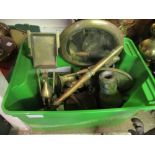 Box of miscellaneous brassware including circular brass framed mirror