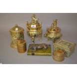 Two brass koros with covers, four various brass boxes and a composite paperweight