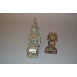 Green patinated metal figure of a Thai princess, together with a small patinated bronze Buddha