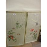 Pair of 20th Century Chinese silkwork pictures decorated with birds and flowers, 30ins x 15ins each