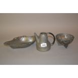 Archibald Knox, pewter bowl, pattern No. 0960, Archibald Knox for Tudric teapot, No. 0375 (lacking