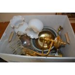Box containing a quantity of various brass light fittings, tankards, watering can etc.