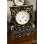 19th Century Continental buhl inlaid mantel clock, the ebonised case enclosing an enamel dial with