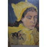 Two unframed Russian School oils on board, portrait of a young lady with yellow hat and scarf, and