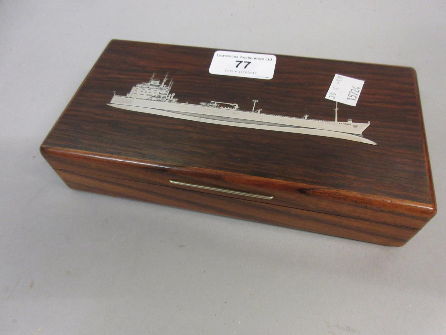 Mid 20th Century rosewood cigarette box, the cover inlaid with a ship