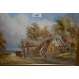 E. Watt, 19th Century watercolour, figures and a horse drawn cart before a thatched cottage, signed,